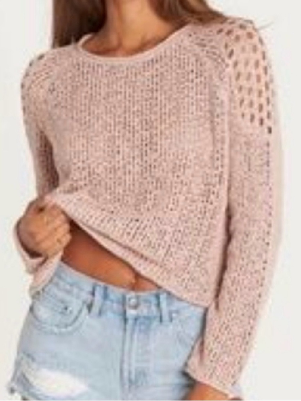 Billabong Open-Knit Crewneck Sweater in Blush